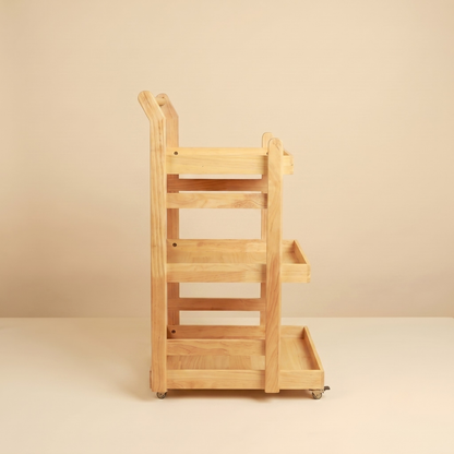 Solid Wood Rolling Utility Trolley: 3-Level Wooden Serving Trolley for Kitchen Organization