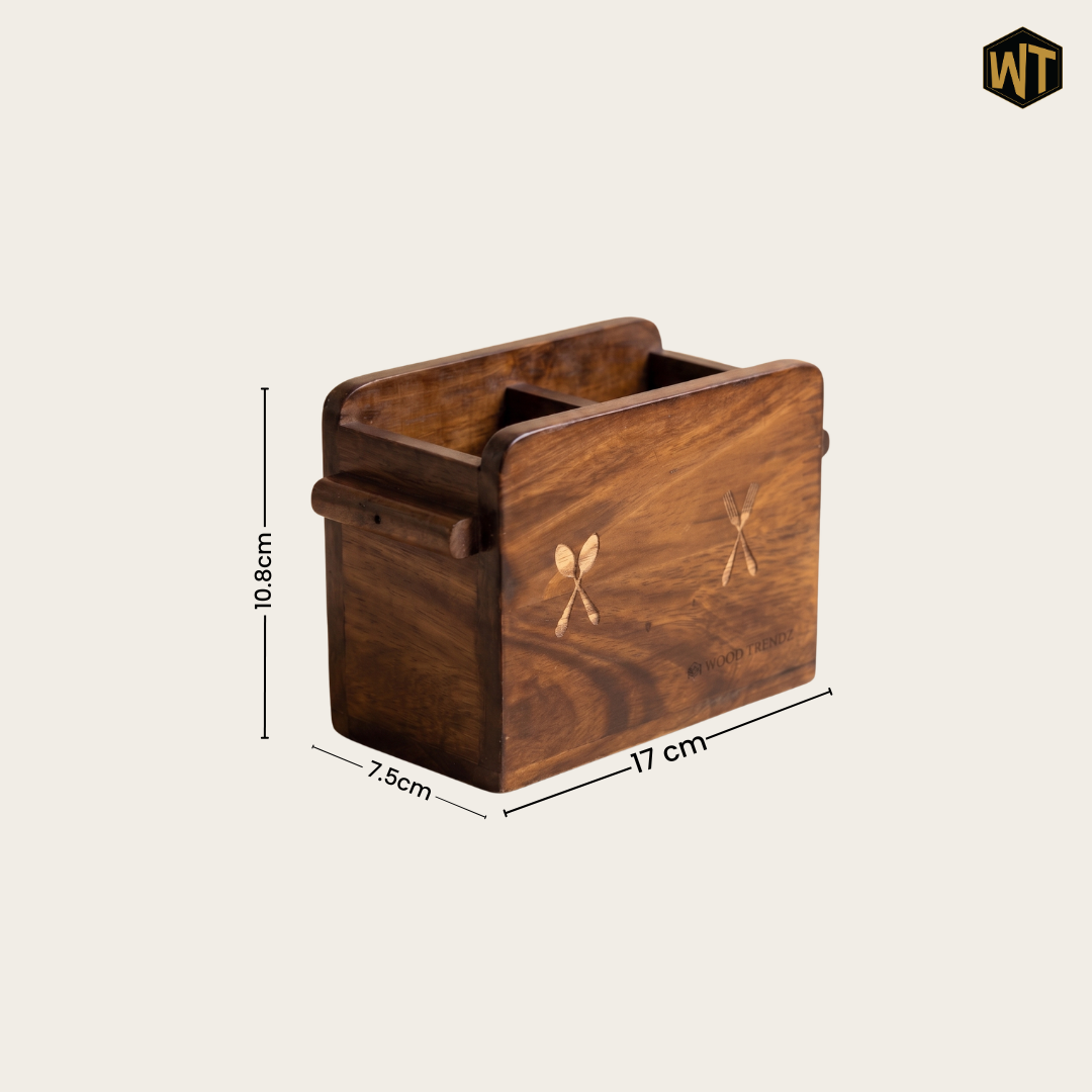 Wooden Cutlery Holder – Solid Rubberwood 2-Compartment Organizer