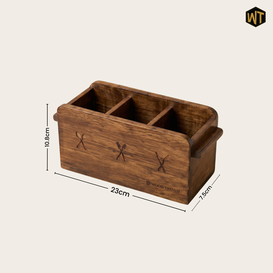 Wooden Cutlery Holder – 3-Compartment Solid Rubberwood Organizer