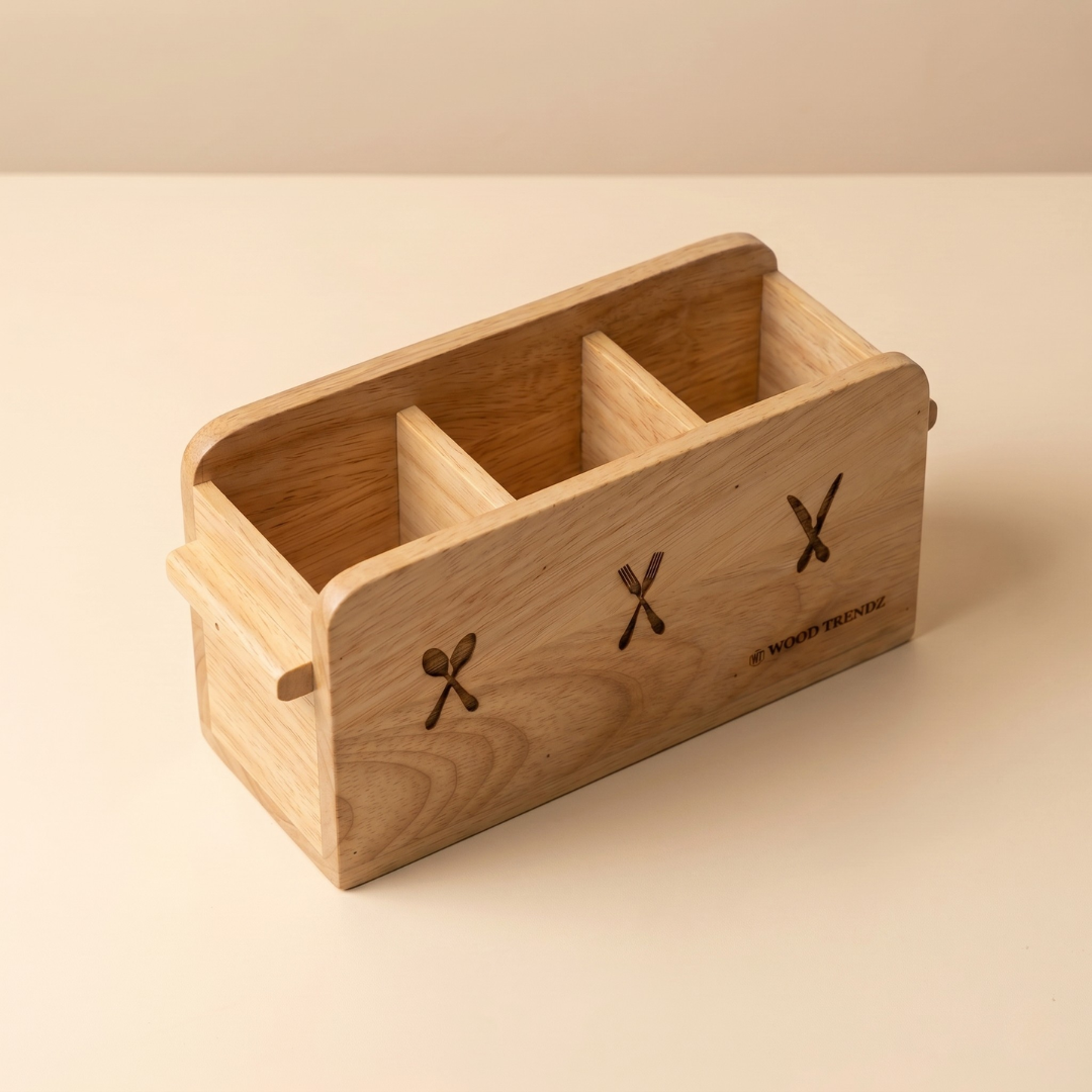 Wooden Cutlery Holder – 3-Compartment Solid Rubberwood Organizer