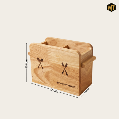 Wooden Cutlery Holder – Solid Rubberwood 2-Compartment Organizer