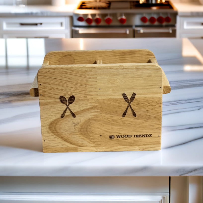 Wooden Cutlery Holder – Solid Rubberwood 2-Compartment Organizer