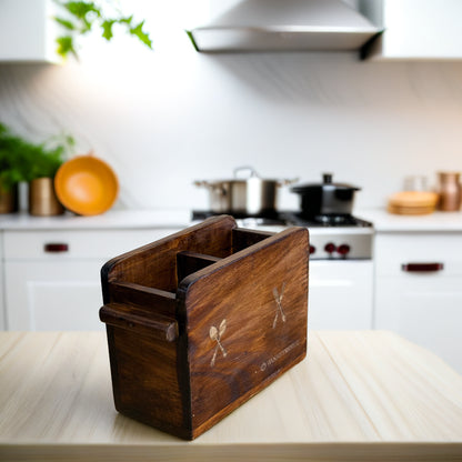 Wooden Cutlery Holder – Solid Rubberwood 2-Compartment Organizer