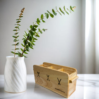 Wooden Cutlery Holder – 3-Compartment Solid Rubberwood Organizer