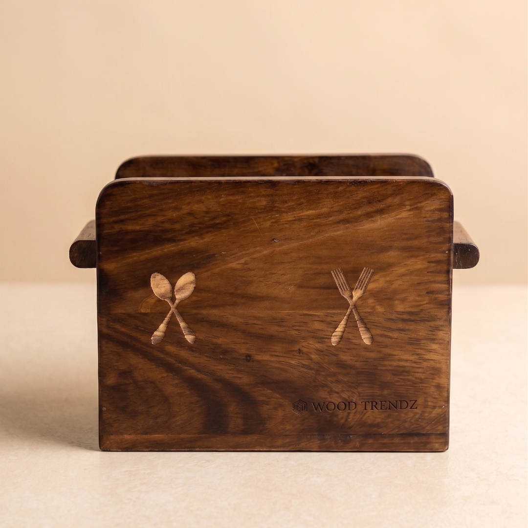 Wooden Cutlery Holder – Solid Rubberwood 2-Compartment Organizer