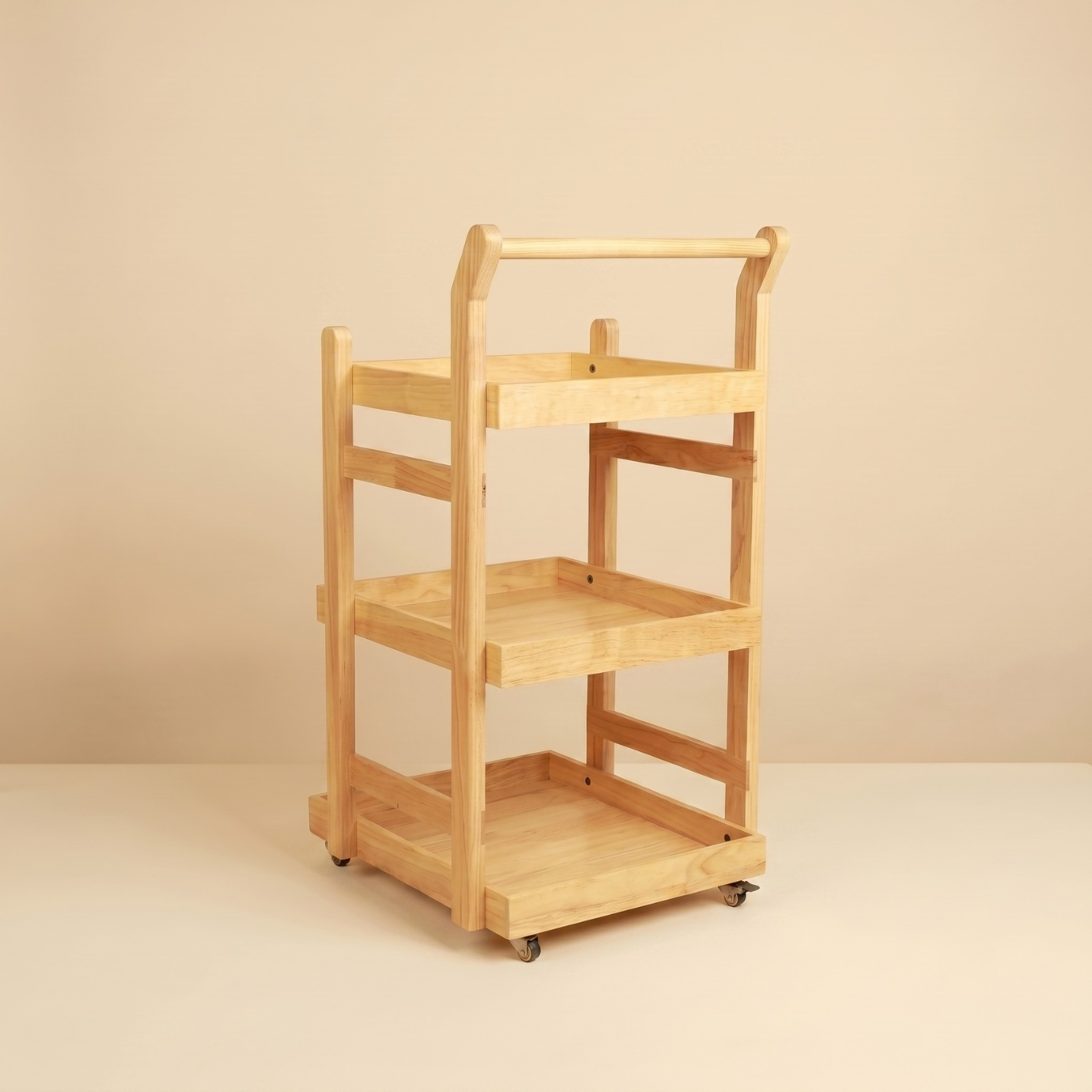 Solid Wood Rolling Utility Trolley: 3-Level Wooden Serving Trolley for Kitchen Organization