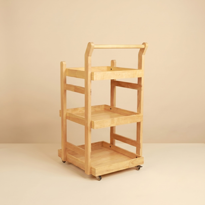 Solid Wood Rolling Utility Trolley: 3-Level Wooden Serving Trolley for Kitchen Organization