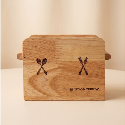 Wooden Cutlery Holder – Solid Rubberwood 2-Compartment Organizer