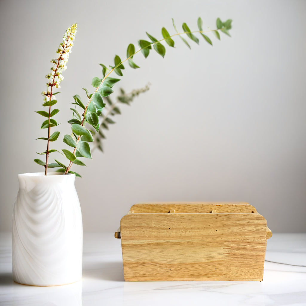 Wooden Cutlery Holder – 3-Compartment Solid Rubberwood Organizer