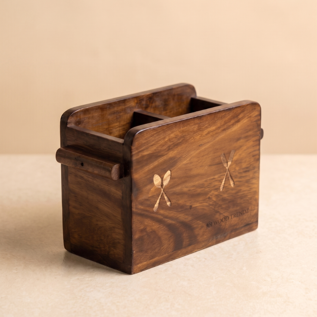 Wooden Cutlery Holder – Solid Rubberwood 2-Compartment Organizer
