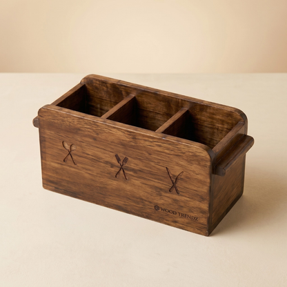 Wooden Cutlery Holder – 3-Compartment Solid Rubberwood Organizer