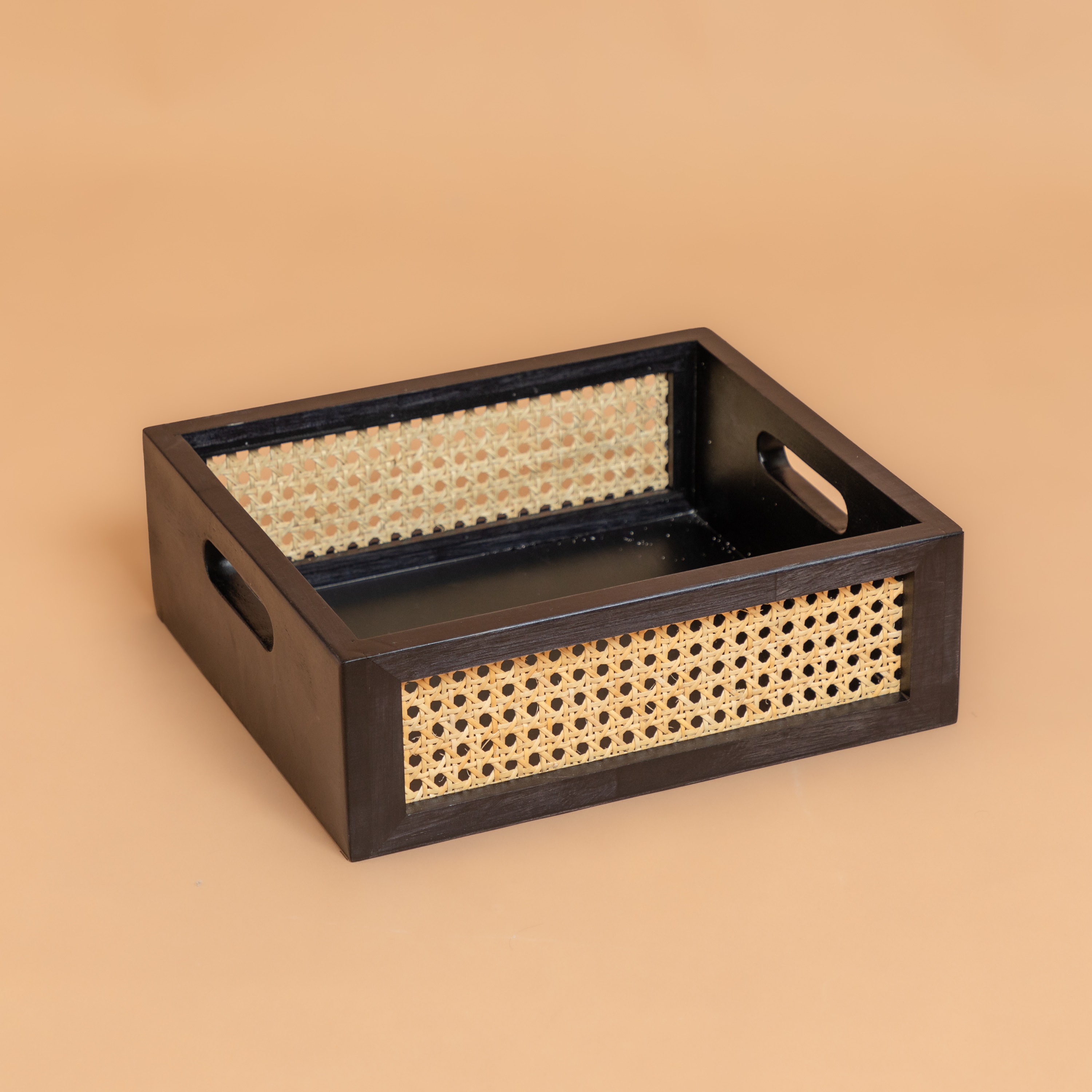 Rattan Storage Basket: Solid Wood Basket - Black