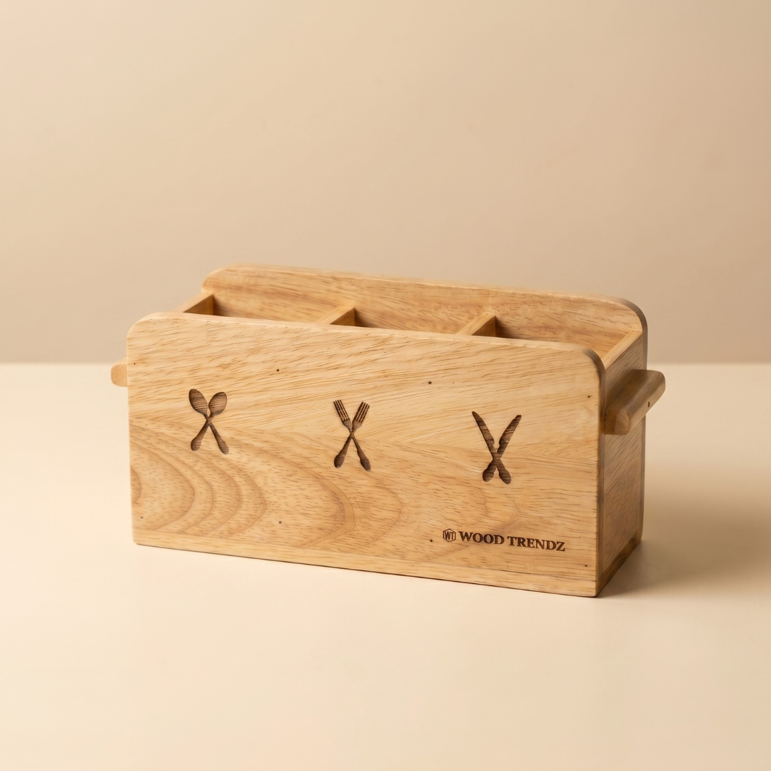 Wooden Cutlery Holder – 3-Compartment Solid Rubberwood Organizer