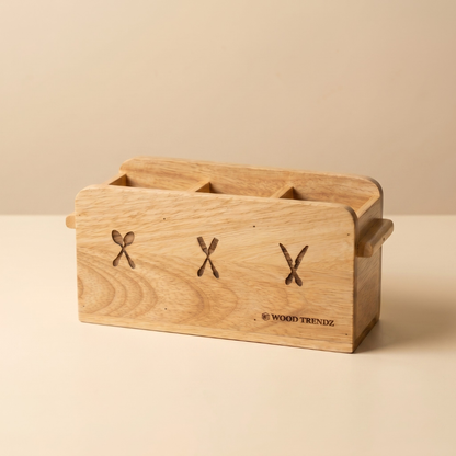 Wooden Cutlery Holder – 3-Compartment Solid Rubberwood Organizer