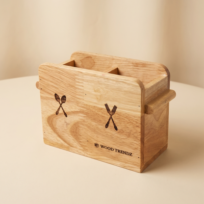 Wooden Cutlery Holder – Solid Rubberwood 2-Compartment Organizer