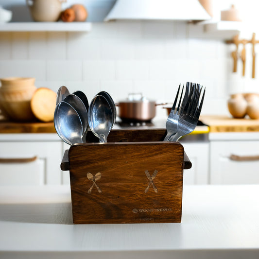 Wooden Cutlery Holder – Solid Rubberwood 2-Compartment Organizer