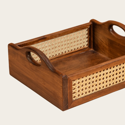 Solid Wood and Rattan Wicker Storage Basket with Round Handle - Walnut