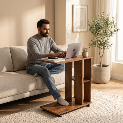 Rover Desk: C-Shaped Portable Solid Wood Side Table with Wheels