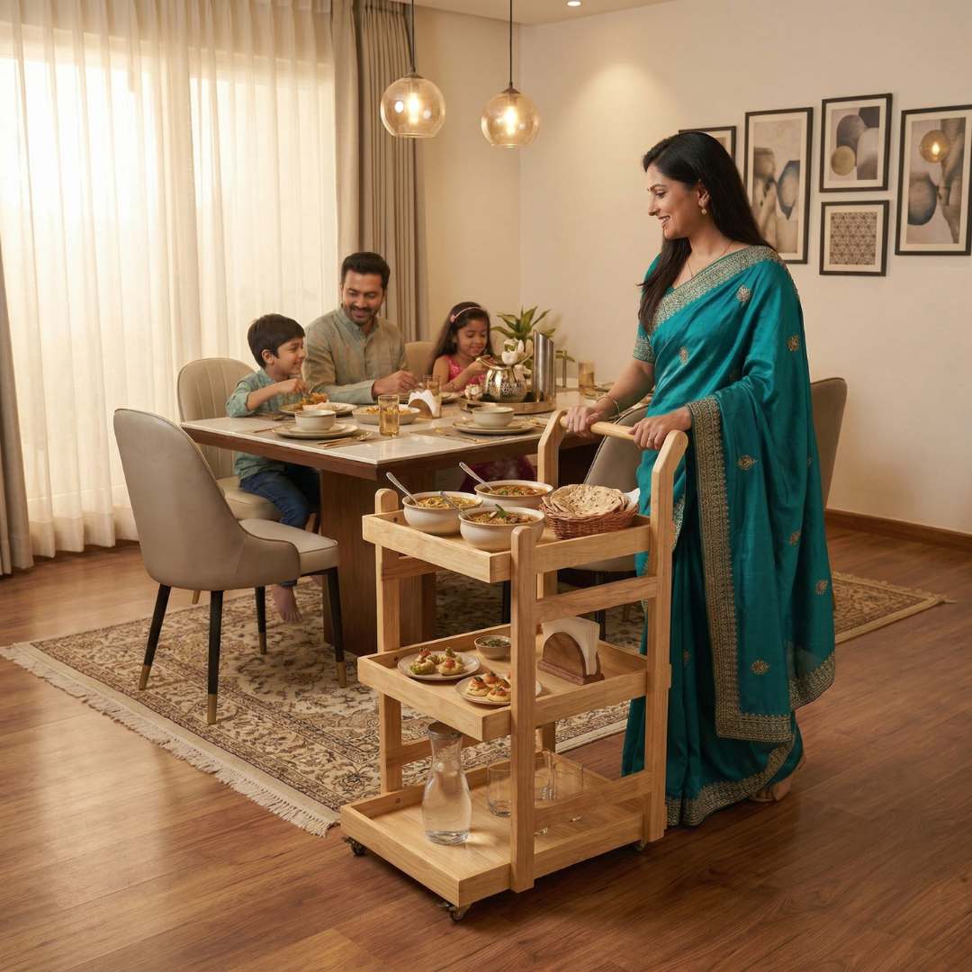 Solid Wood Rolling Utility Trolley: 3-Level Wooden Serving Trolley for Kitchen Organization