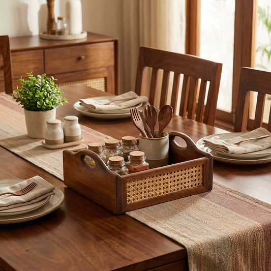 Solid Wood and Rattan Wicker Storage Basket with Round Handle - Walnut