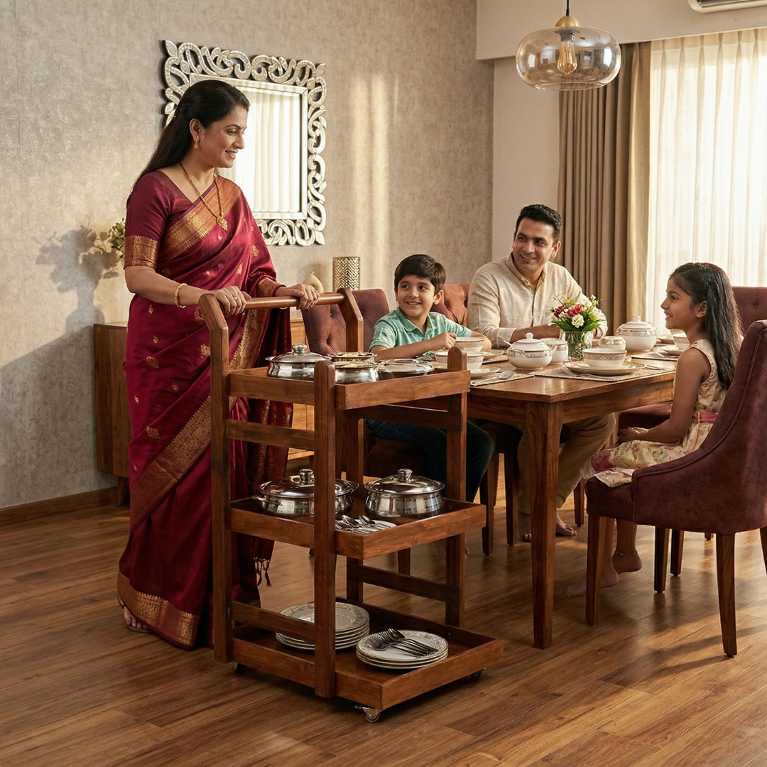 Solid Wood Rolling Utility Trolley: 3-Level Wooden Serving Trolley for Kitchen Organization