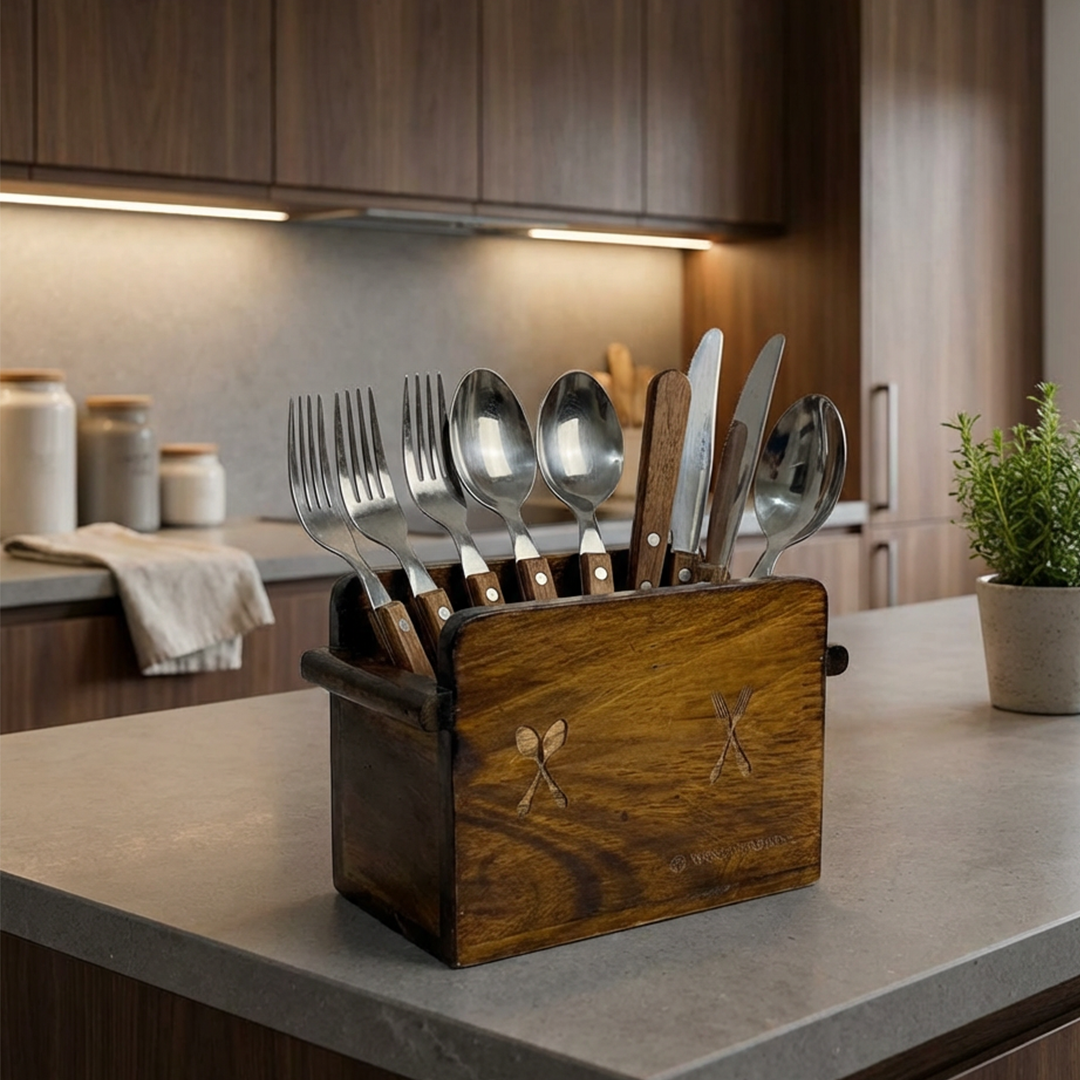 Wooden Cutlery Holder – Solid Rubberwood 2-Compartment Organizer