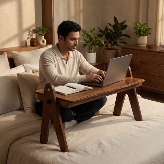 FlexiDesk - Foldable Laptop Table | Solid Wood & 3 level height adjustable laptop table with storage