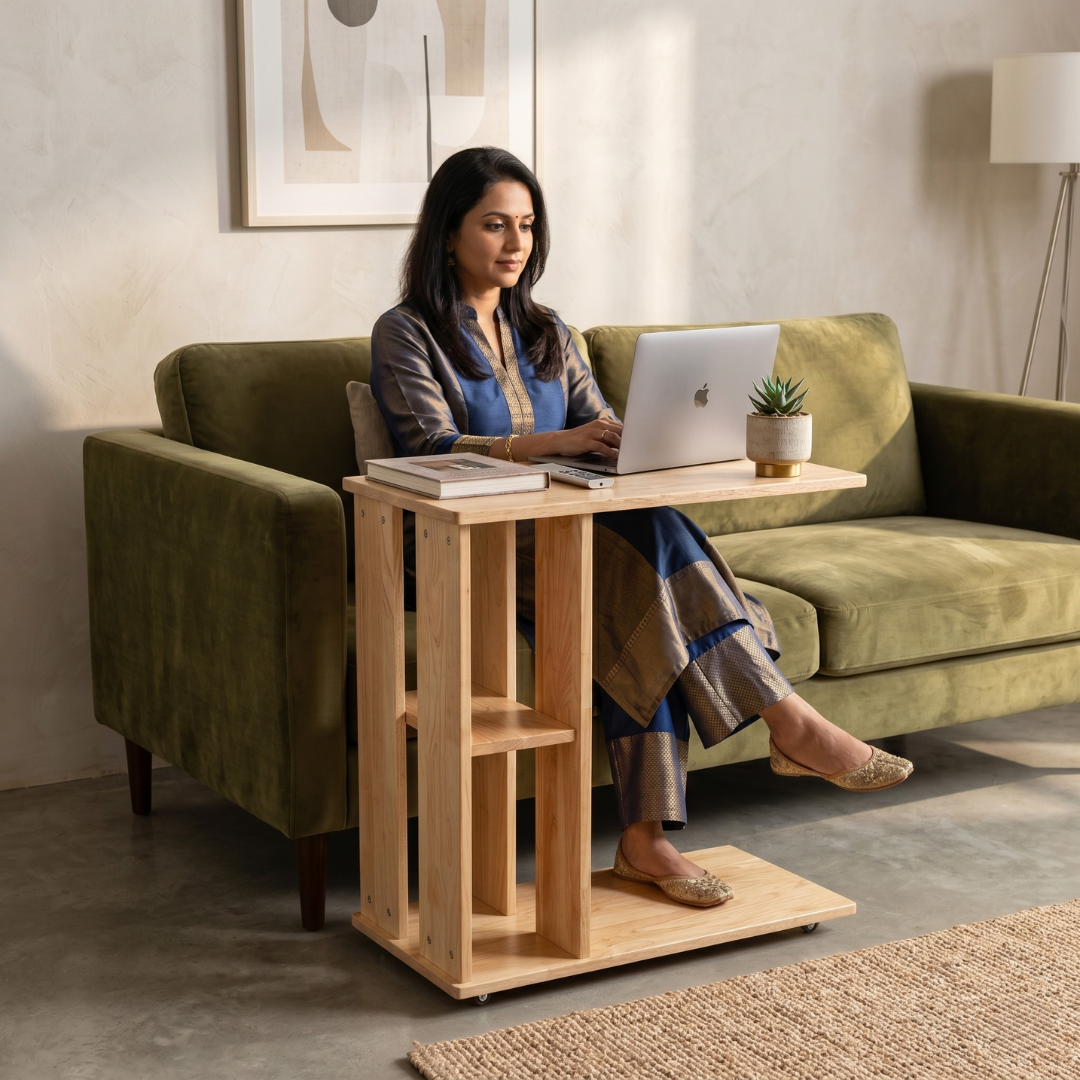 Rover Desk: C-Shaped Portable Solid Wood Side Table with Wheels