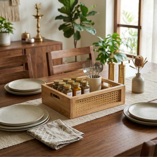 Solid Wood and Rattan Wicker Storage Basket