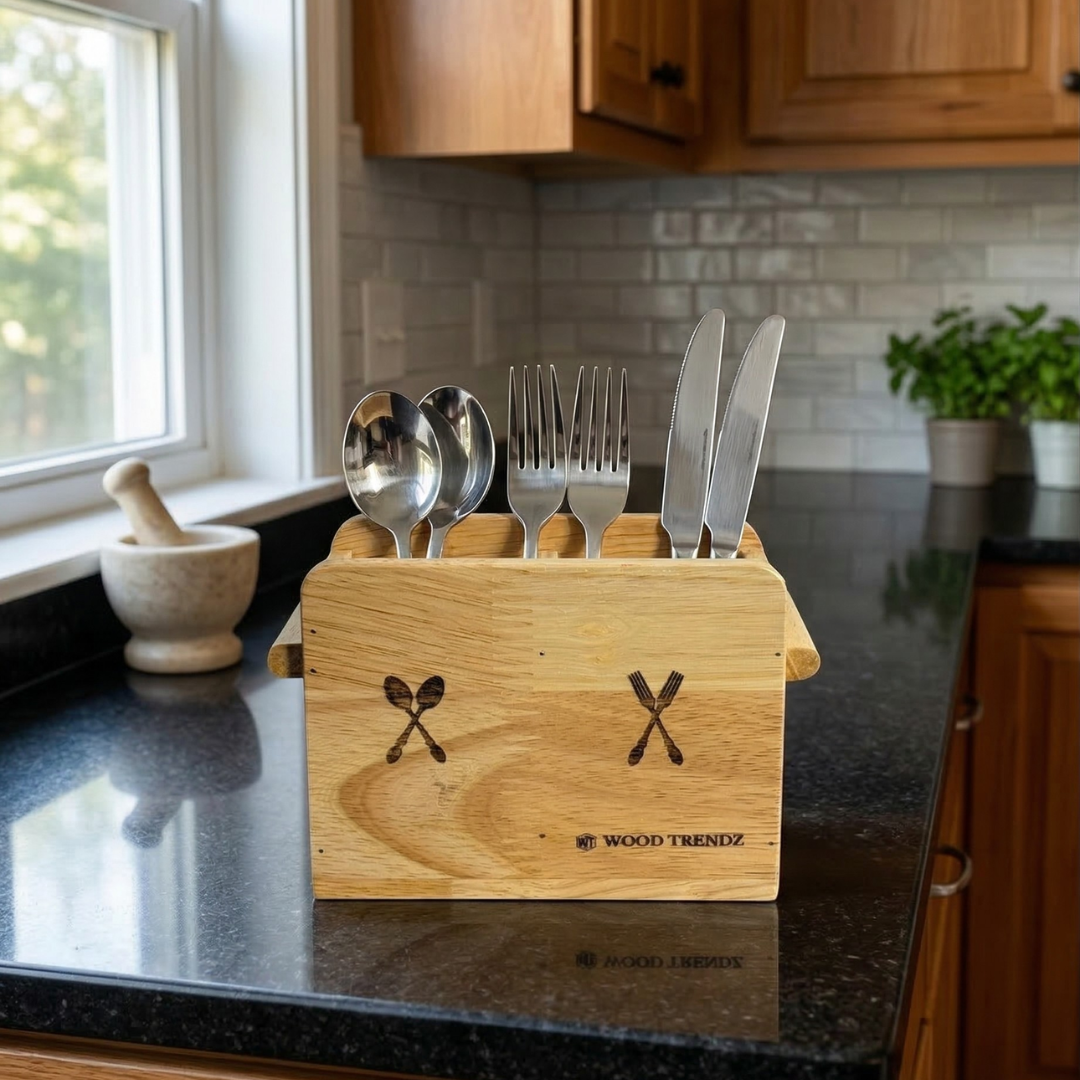 Wooden Cutlery Holder – Solid Rubberwood 2-Compartment Organizer