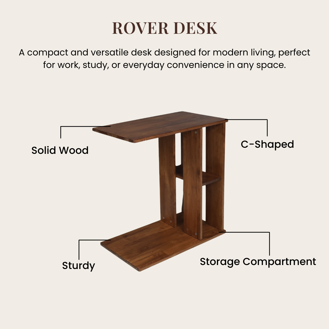Rover Desk: C-Shaped Portable Solid Wood Side Table with Wheels