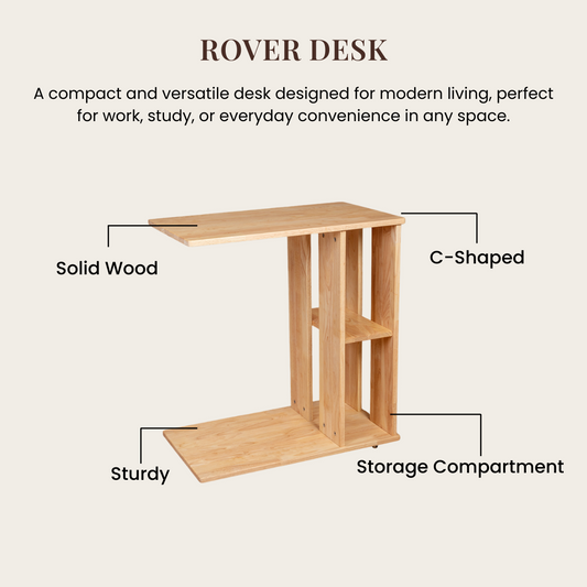 Rover Desk: C-Shaped Portable Solid Wood Side Table with Wheels