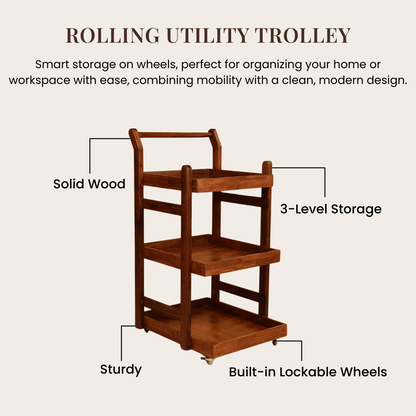 Solid Wood Rolling Utility Trolley: 3-Level Wooden Serving Trolley for Kitchen Organization