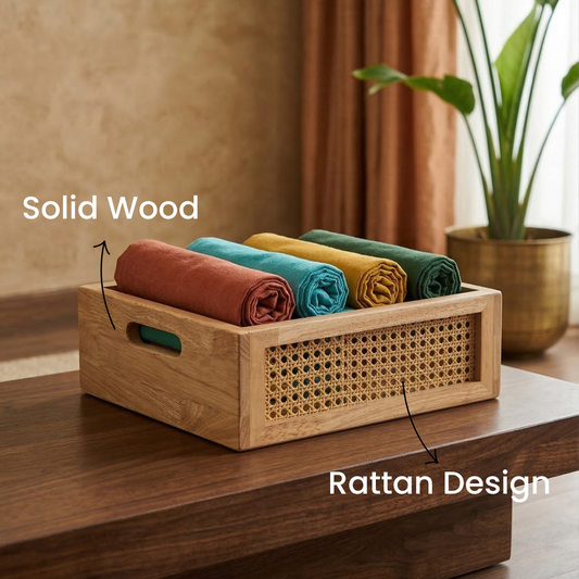 Solid Wood and Rattan Wicker Storage Basket