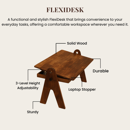 FlexiDesk - Foldable Laptop Table | Solid Wood & 3 level height adjustable laptop table with storage
