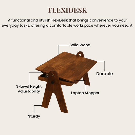 FlexiDesk - Foldable Laptop Table | Solid Wood & 3 level height adjustable laptop table with storage