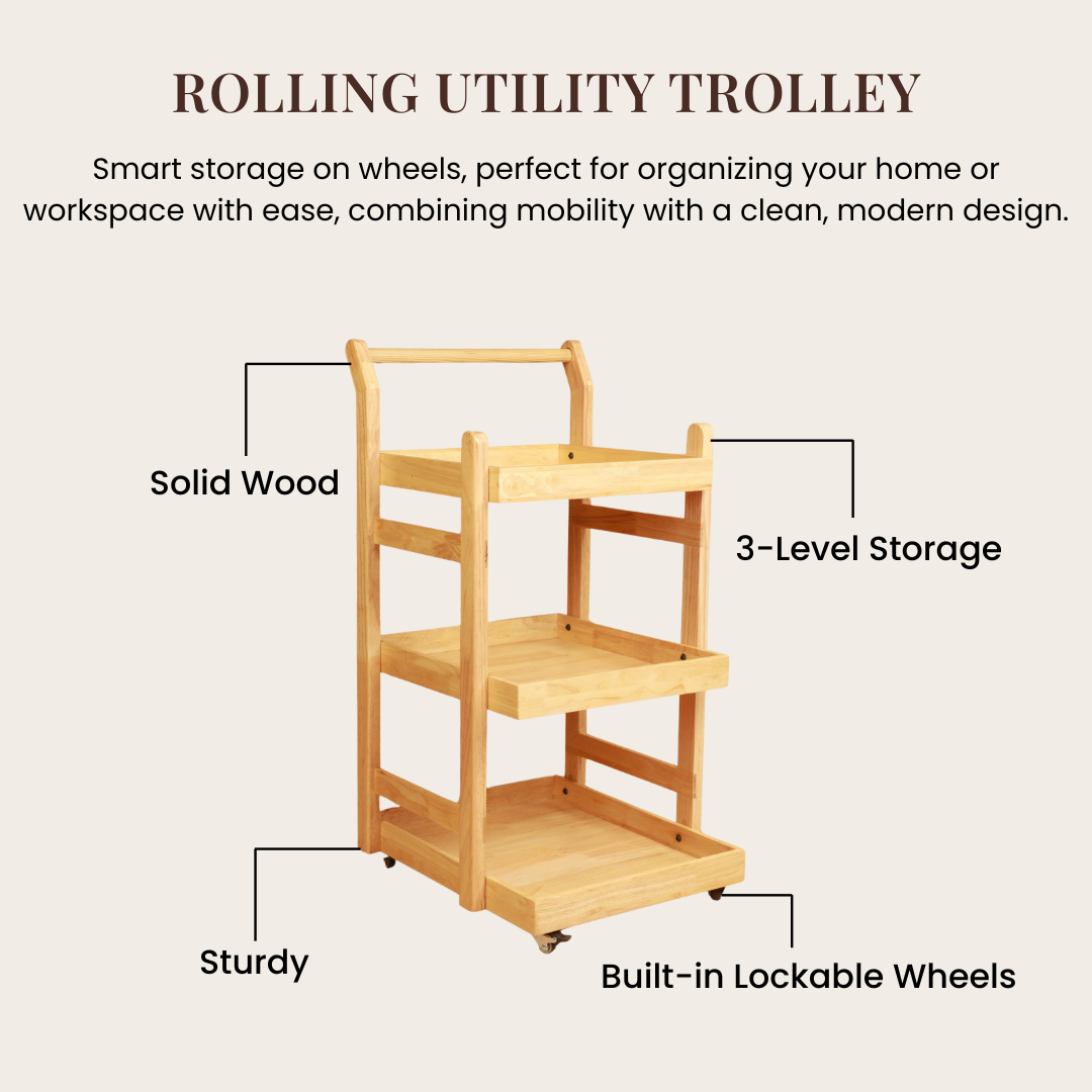 Solid Wood Rolling Utility Trolley: 3-Level Wooden Serving Trolley for Kitchen Organization