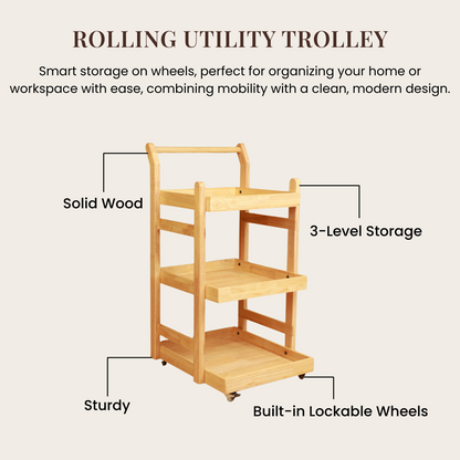 Solid Wood Rolling Utility Trolley: 3-Level Wooden Serving Trolley for Kitchen Organization