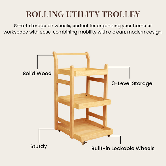 Solid Wood Rolling Utility Trolley: 3-Level Wooden Serving Trolley for Kitchen Organization