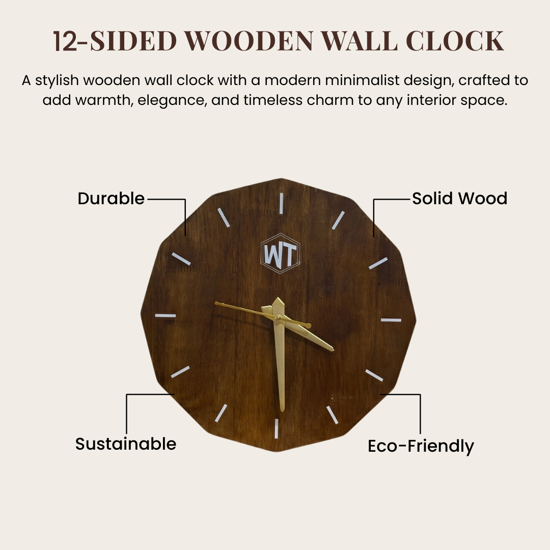 12-Sided Wooden Wall Clock – Geometric Dodecagon Design
