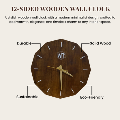 12-Sided Wooden Wall Clock – Geometric Dodecagon Design