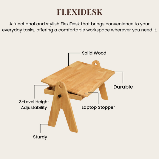 FlexiDesk - Foldable Laptop Table | Solid Wood & Adjustable with storage