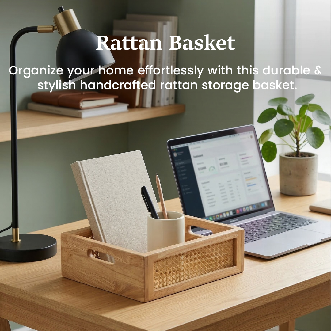 Solid Wood and Rattan Wicker Storage Basket