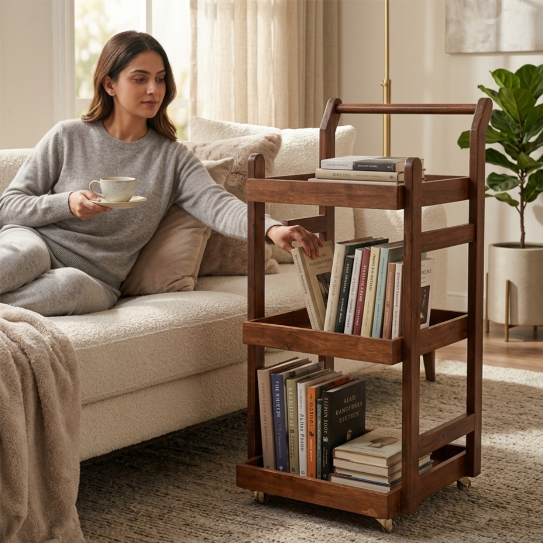 Solid Wood Rolling Utility Trolley: 3-Level Wooden Serving Trolley for Kitchen Organization