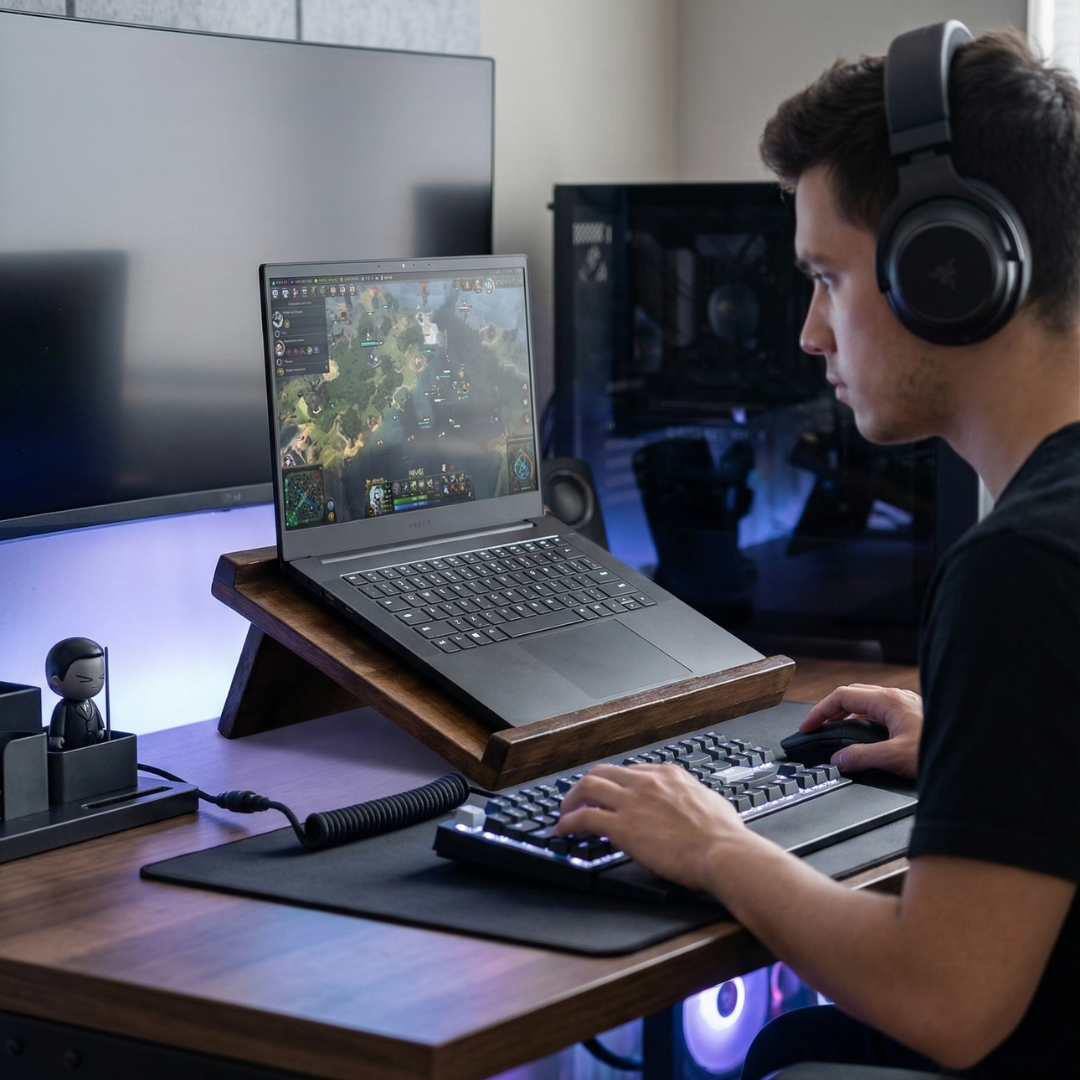Solid Wood Adjustable Laptop Stand – 3-Level Height, Portable & Durable