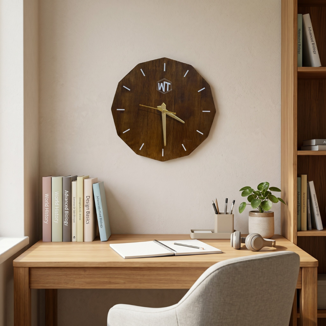 12-Sided Wooden Wall Clock – Geometric Dodecagon Design