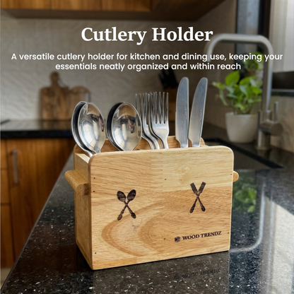 Wooden Cutlery Holder – Solid Rubberwood 2-Compartment Organizer