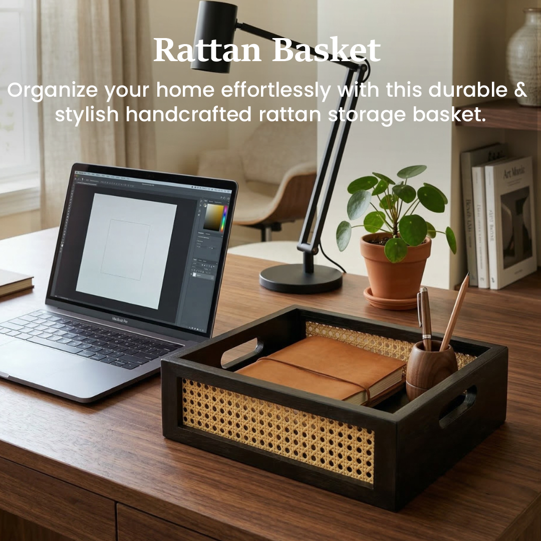 Solid Wood and Rattan Wicker Storage Basket