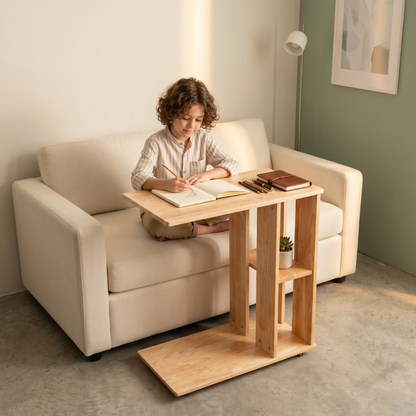Rover Desk: C-Shaped Portable Solid Wood Side Table with Wheels