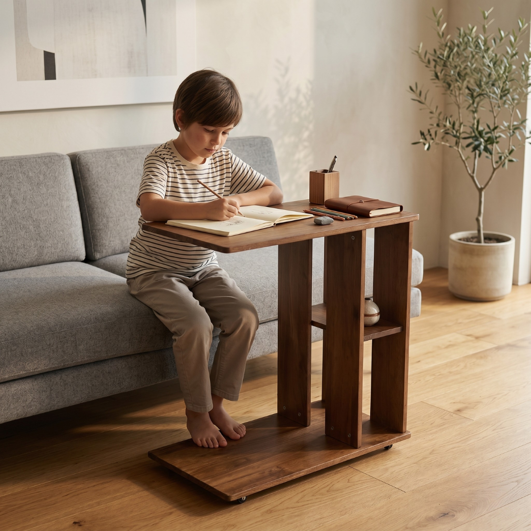 Rover Desk: C-Shaped Portable Solid Wood Side Table with Wheels